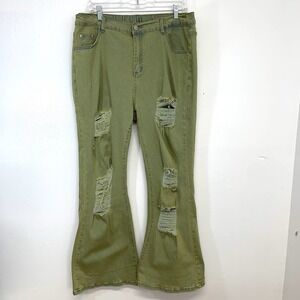 Romwe Flare Jeans Woman Green Distressed Stretch Pockets Casual Boho Grunge 2X